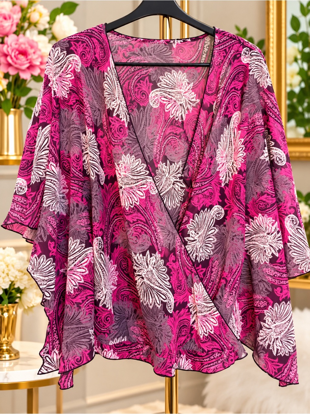 Women's Pink Floral Sheer Wrap Top